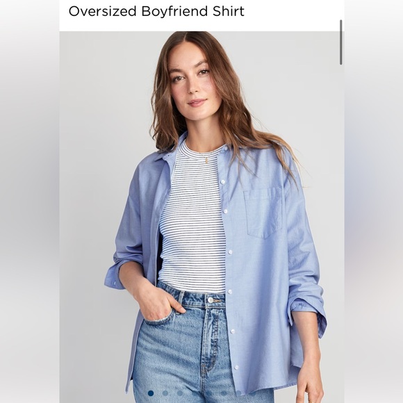 Old Navy Boyfriend Shirt, Sage and White Stripe - Picture 7 of 8